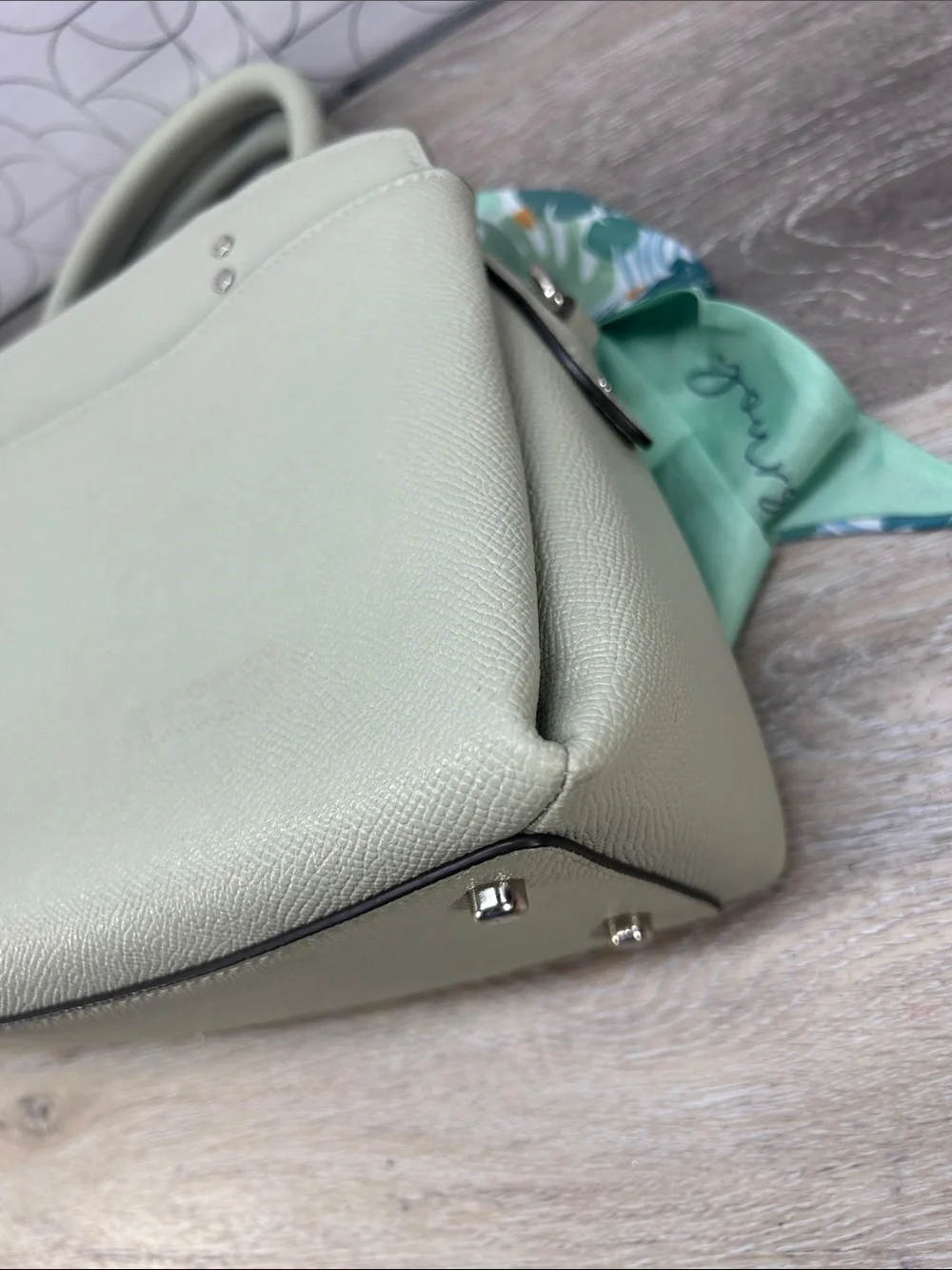 2542 Coach Sage Green Pebbled Leather Satchel with Printed Scarf 267082542